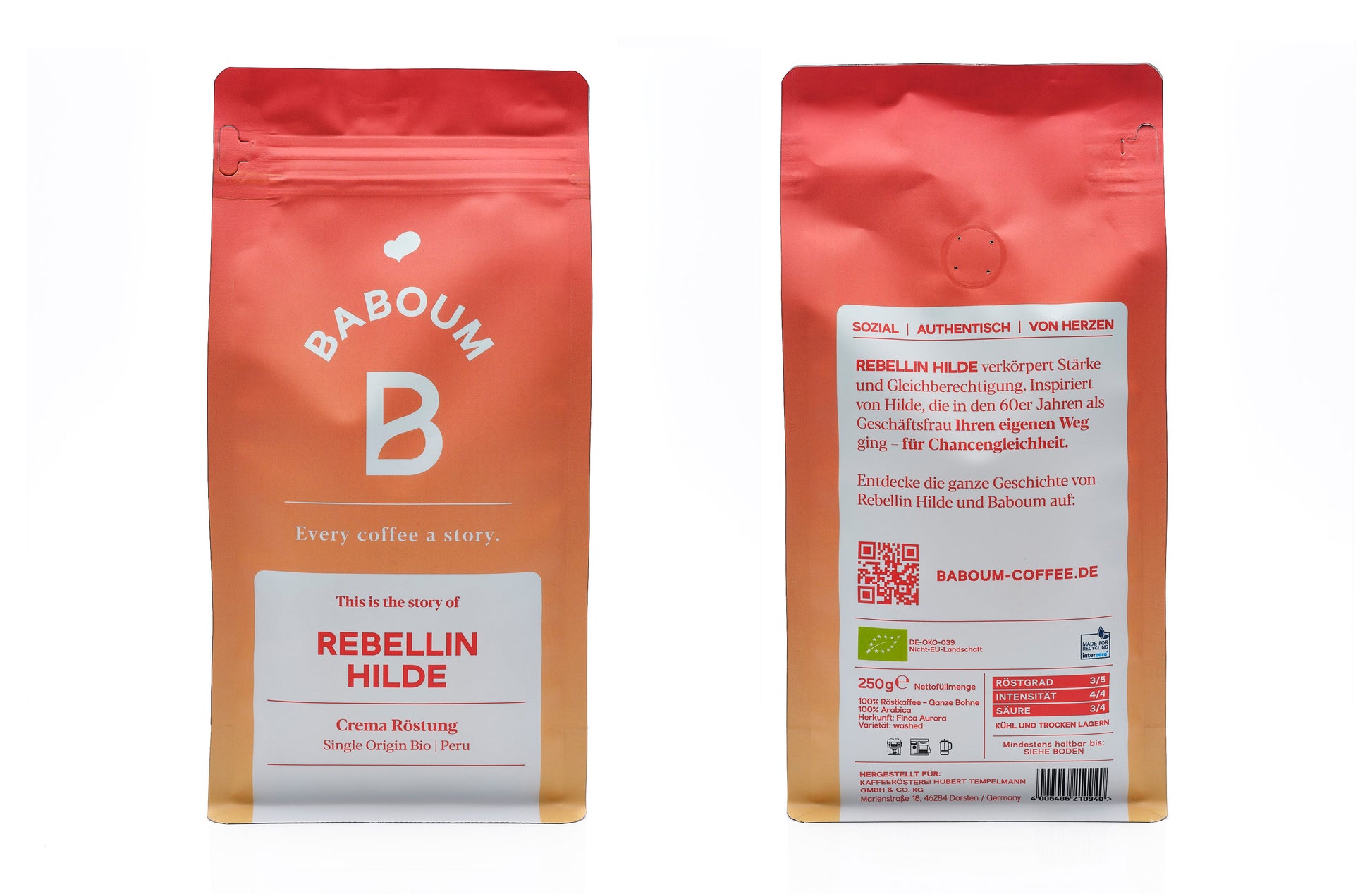 250g Packung von vorne und hinten, Rückseite zeigt die Produktgeschichte, Nährwerte, Bio-Siegel