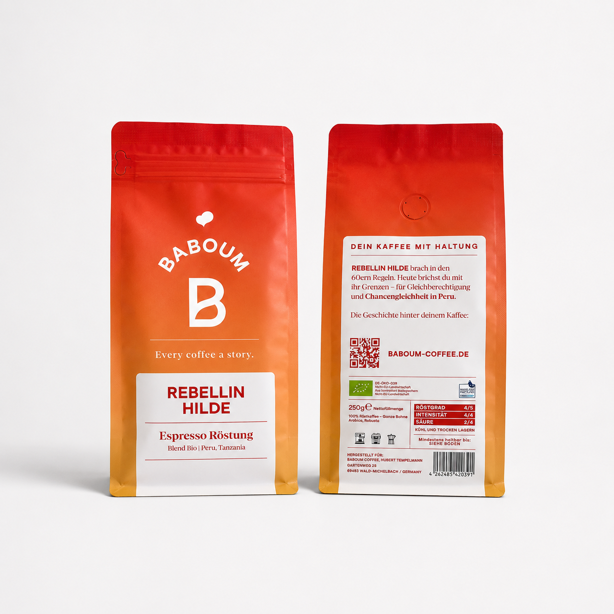 Baboum Rebellin Hilde Espresso Röstung 250g – Vorder- und Rückseite, Blend Bio Peru Tanzania,