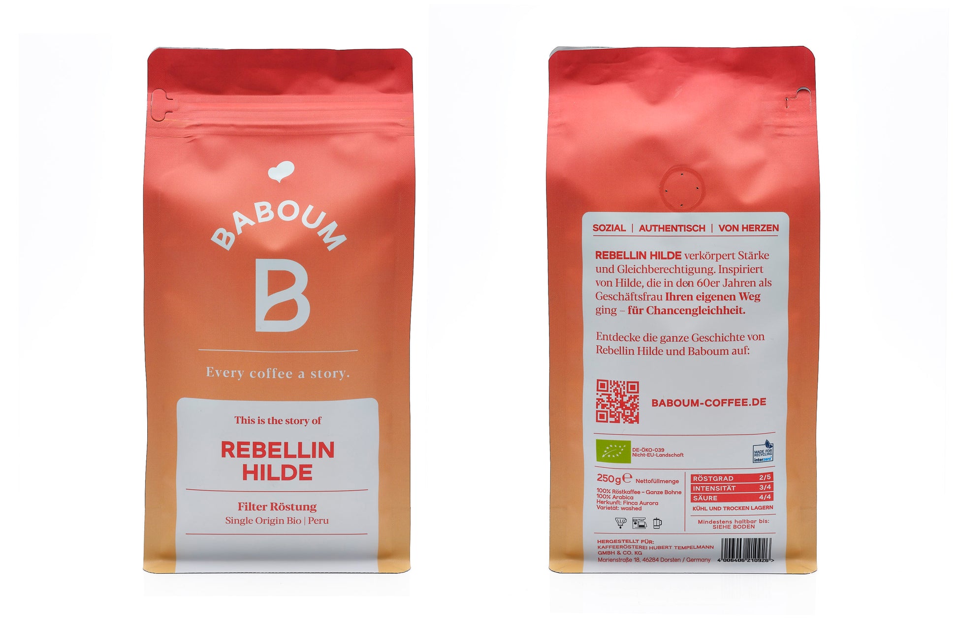 250g Packung Filter von vorne und hinten, Rückseite zeigt die Produktgeschichte, Nährwerte, Bio-Siegel