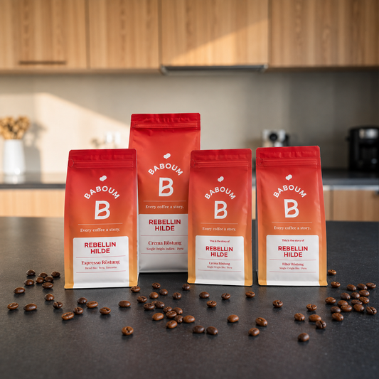 aboum Rebellin Hilde Sortiment – alle drei Röstungen (Espresso, Crema, Filter) in 250g und 1kg auf schwarzer Küchentheke mit Kaffeebohnen